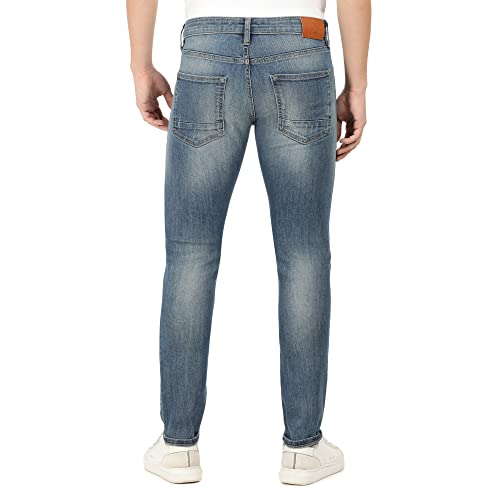 Image of Everblue Men Solid Stretchable Blue Tapered Slim Fit Heavy Fade Midrise Jeans