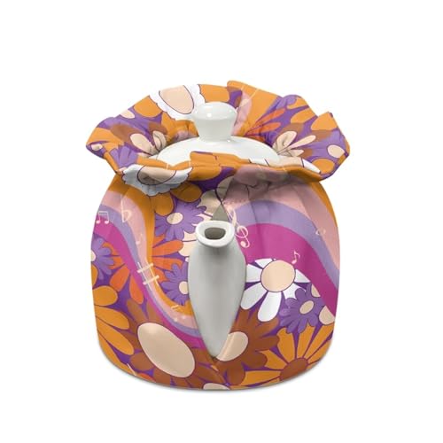 Image of Hippie Flowers Music Show Window Teapot Cozies, Heat Preservation Teapot Dust Cover with Drawstring Creative Kitchen Tea Pot Cover, Home Kitchen Table Hotel Christmas Decor