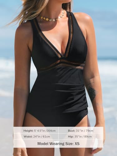 CUPSHE Women's Tankini Sets Two Piece Swimsuit V Neck Bathing Suit Mesh Crisscross Back Strappy Adjustable Self Tie4