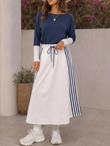 Fisoew Womens Casual Dresses Long Sleeve Oversized Sweatshirt Patchwork Drawstring Waist Color Block Loose A Line Maxi Dress Navy — view 3