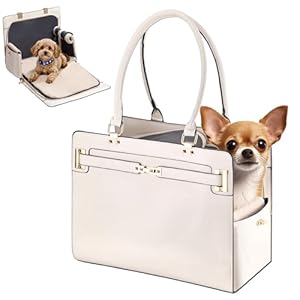 Dog Purse Carrier for Small Dogs, Stylish Foldable Pet Carrier Purse Tote Bag with Washable Cushion & Safety Leash, Airline Approved Puppy Travel Bag with Pockets (White)