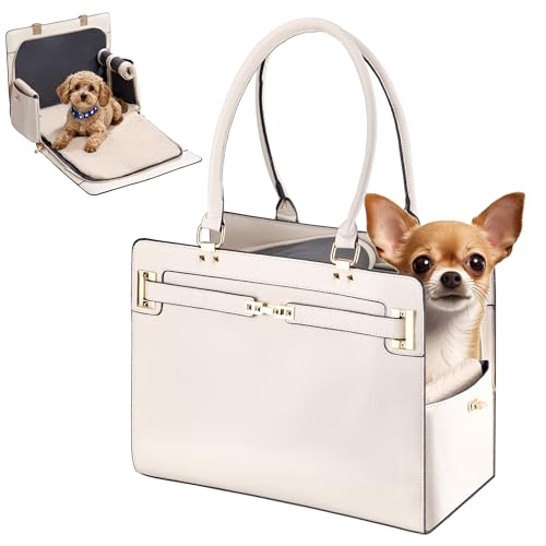 Dog Purse Carrier for Small Dogs Stylish Foldable Pet Carrier Purse Tote Bag with Washable Cushion & Safety Leash Airline Approved Puppy Travel Bag with Pockets (White)