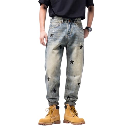 Men's Casual Star Printed Loose Fit Jeans Vintage Denim Pants
