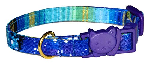 Galaxy Cat Collar - Outer Space Cosmos of Blue and Purple - 100% Cotton - 3/8 Inch Wide - 2 Sizes - Breakaway Safety Buckle- Handmade by Green Acorn Kitchen (Cat - 7.5 to 12 Inches)