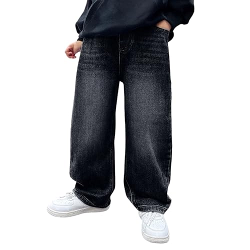 Pantalon cargo en jean baggy pour garçons, jambe large, taille élastique, coupe ample, style Y2K, streetwear, Noir , 15-16 ans