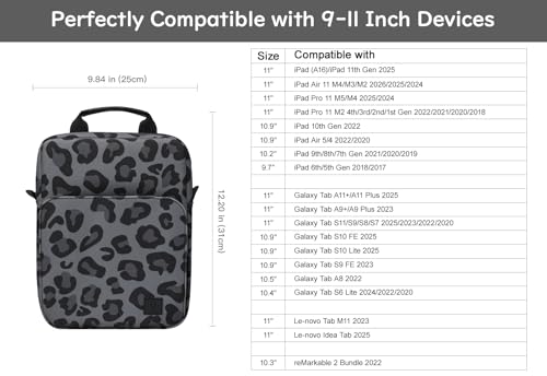 Image of Dadanism 9-11 Inch Tablet Sleeve Bag Carrying Case with Shoulder Strap for iPad (A16) 11 inch, iPad 10th Gen 10.9 inch, iPad Air M4 /Pro M5 11 inch, iPad 9 /8 /7th 10.2 inch, Galaxy Tab A11+ Plus 11 inch, Leopard Black