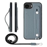 HANATORA for iPhone 17e 16e ケース 本革 耐衝撃 背面ベルト ストラップリング スマホケース スマホ スタンド機能 ネックストラップ 付き カードポケット シュリンクレザー ギフト ブルーグレー CGHGZ-16e-BlueGray