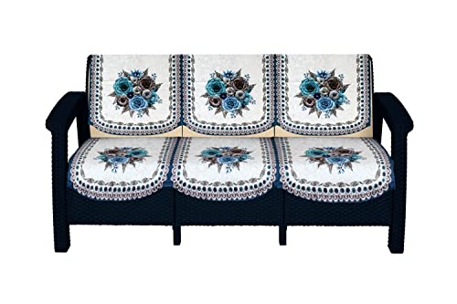 Image of The Furnishing Tree Velvet Floral Pattern 6 Pieces 3 Seater Sofa Cover Set Blue