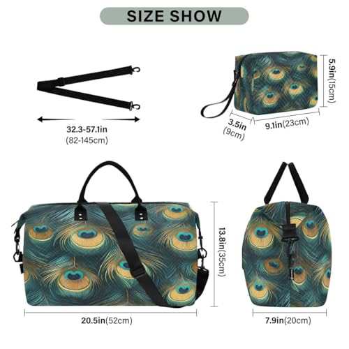 Beautiful Peacock Feather Green Travel Duffle Bag Gym Bag Weekender Bags with Toiletry Bag Travel Trip Tote Bag3