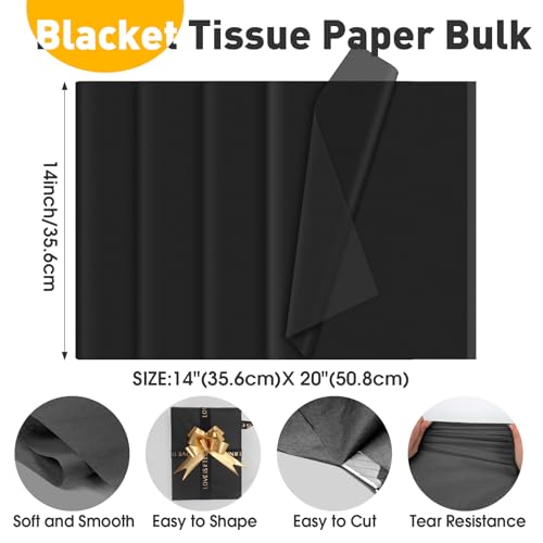 Image of TUXIYA 200 Sheets Black Tissue Paper for Gift Bags,14 X 20Inch Black Wrapping Tissue Paper Bulk for Gift Packaging Filler Art Crafts DIY Birthday Wedding Halloween Christmas