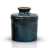 Teapeak Pottery Butter Keeper Crock - Ceramic Butter Dish with Water Line for Countertop, Keep Butter Fresh, Blue