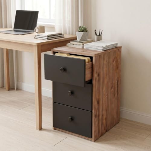 Image of FFO Wooden Filing Cabinet with 3 Drawers, Office File Storage Cabinet, Compact Document Organizer for Home Office, Study Room & Bedroom, Oak & Black (DIY).