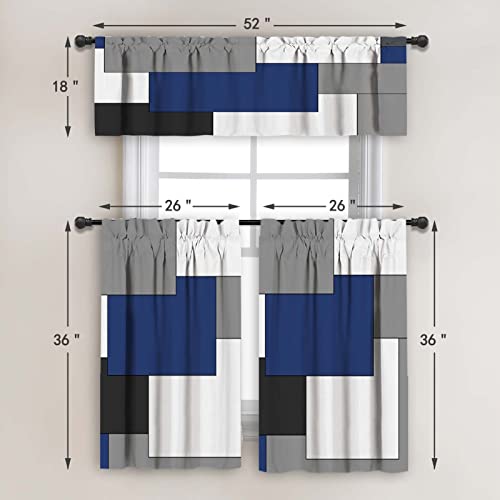 Mcalk Navy Blue Kitchen Curtains Tiers And Valances Set 3 Piece For Windows Grey And Black Kitchen Window Curtains Set,White Modern Abstract Art Valances For Living Room(36" Tiers Set) #TOP3