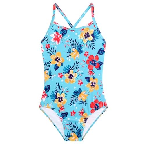 Girls One Piece Swimsuits Summer UPF 50+ Quick Dry Beach Bathing Suit Cross Shoulder Strap Swimwear 2-10 Years Blue Flower 5-6 Years