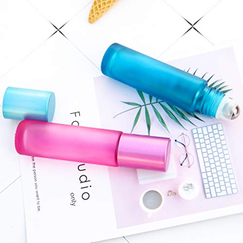 Mollensiuer 8Pcs 10Ml(1/3Oz) High-Grade Colorful Frosted Roll On Bottles Thick Glass Massage Roller Bottles Tube Vials Containers For Essential Oils, Aromatherapy, Perfumes And Lip Balms+ 1Pc 3Ml Dropper #TOP2