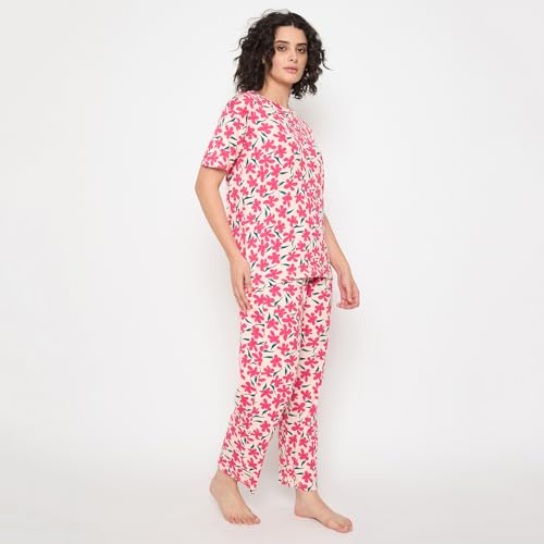 Image of CAMEY Women's Printed Pyjama Set, Short Sleeve T-Shirt and Trousers, Women Nightsuit, Loungewear Sets