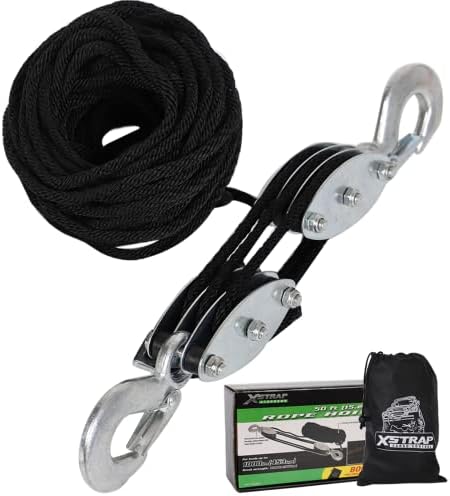 XSTRAP STANDARD Heavy-Duty 2,000 LB Breaking Strength 50 FT Rope Hoist, 1000 LB Work Load Block and Tackle Pulley System for Lifting Heavy Objects (Black)