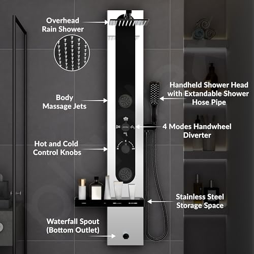 Image of Plantex Shower Panel for Bathroom /Hand Shower & Massage Spray Jet for Bathroom /304 Grade Stainless Steel Modern Shower System with Head Shower - Pack of 1 (Chrome & Black, 8097)