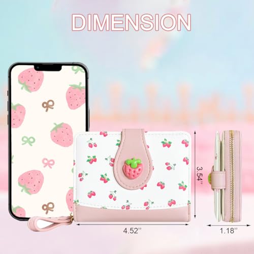 Image of Cute Print Wallet Blueberry Strawberry Cherry Wallet with Credit Card Slot Zipper Coin Pocket for Women Girls (PINKK)
