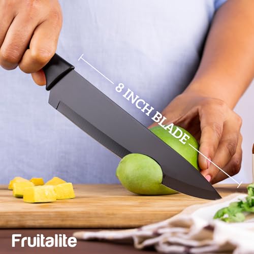 Image of Fruitalite 8-inch Chef Knife with Blade Cover- Premium Razor-Sharp Stainless Steel Multi-Purpose Kitchen Knife | Non-Stick Coating | Non-Slip Ergonomic Handles, Home Use for Chopping & Cutting- Black