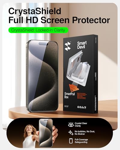 Image of SMARTDEVIL 2 Pack Tempered Glass for iPhone 15 Pro Screen Protector | Military-Grade Shatterproof Protection, Crystal Clear, 9H Hardness, Fast & Easy Installation, Scratch Proof, Case Friendly