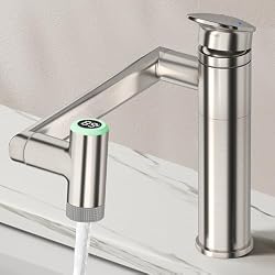HOWUWEY Brushed Nickel Rotatable Bathroom Faucet with Temperature Display | Single Hole 1080° Height Adjustable Single Lever Bathroom Vanity Sink Faucet 1 Hole, LED Basin Faucet with Color Change