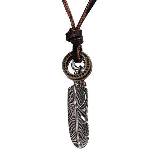 Bishiling Herren Halskette Lederkette Anhänger Feder Surferkette Einstellbar Silber Kette Silber Cover