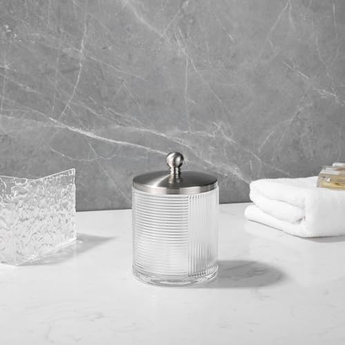 Indecor Home Clear Transparent Apothecary Ribbed Geometric Etched Glass Jar W/Satin Nickel Metal Lid for Bathroom Organization, Cotton Balls, Q Tips, and Small Accessories, Bathroom Storage by Indecor Home - Used condition - Image 8
