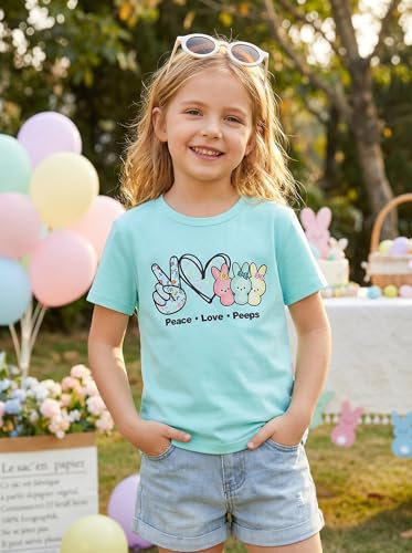 Image of SOFEON Kids Girls Easter Shirt Bunny Peace Love Peeps T-Shirt Cute Funny Rabbit Graphic Tees Short Sleeve Casual Tops