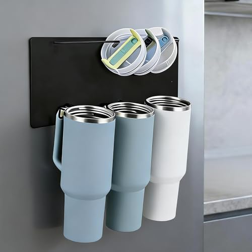 Magnetic Stanley Cup Holder for Refrigerator - Waycco Upgraded 2-in-1 Tumbler Organizer with Lid Hanging Bar & Slide-in Hooks, Fits Stanley Adventure Mug, Yeti Rambler & Most Handle Mugs