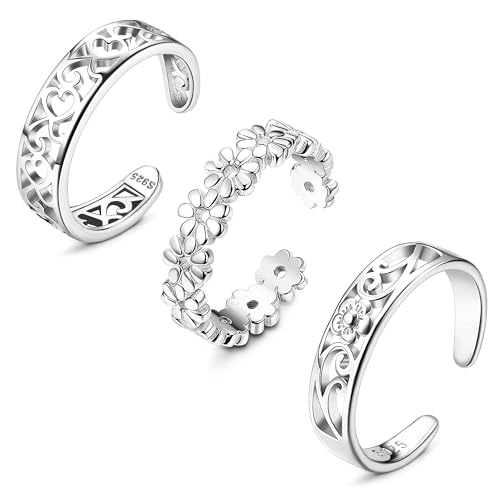 FIBO STEEL 3 PCS Toe Rings for Women 925 Sterling Silver Adjustable Toe Rings Open Cuff Toe Rings CZ Daisy Moonstone Ring Band Rings Beach Foot Jewelry Set