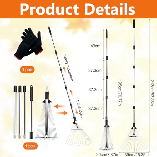 JOYBOY Grabie do Liści z 18 Zębami, Grabie Ogrodowe z Trzonkiem 213 cm, Regulowany Drążek Metalowy, Szerokość Robocza 20-40 cm, Grabie Wachlarzowe do Trawnika, Ogrodu i Podwórka (z Rękawicami w Zestaw
