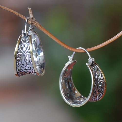 NOVICA Artisan Handmade Gold Accented Sterling Silver Hoop Earrings from Bali Indonesia [1 in L x 0.4 in W x 0.9 in D] ' Between Sunlight'4
