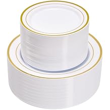 Fijinhom 200PCS Gold Plastic Plates, Disposable Plates with 100PCS 10" Dinner Plates & 100PCS 7" Dessert Plates for 100 Guests, Plastic Party Plates for Wedding, Birthday, Gold