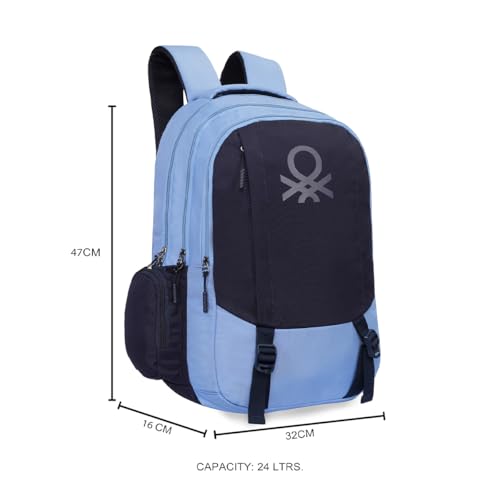 Image of United Colors of Benetton Turf 24L Laptop Backpack - Blue+Navy, Fits 15-inch Laptop, Water-Resistant with Secure Buckle, for Students & Commuters