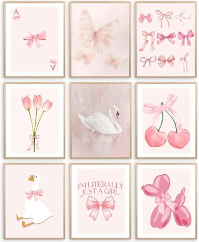 Wall Decor - Pink Room Decor, Aesthetic Wall Art, Stylish Bedroom Decor, 9-Piece Set, Ideal for Bedroom or Office, High-Quality Prints, Compatible with Popular Room Decor - Unron