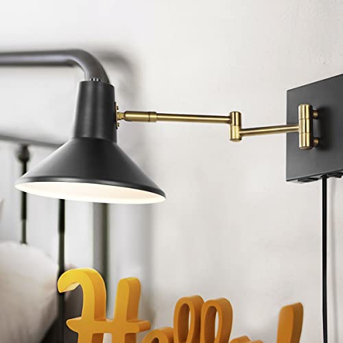 Image of JONATHAN Y 16 inch Black /Brass Gold 1-Light Modern Swing Arm Sconce with USB Port, Plug-in Midcentury LED Bedside Lamp with White Iron Shade for Bedroom Living Room (JYL1302B)