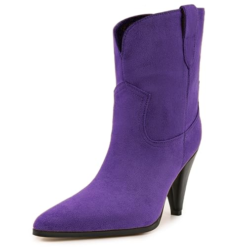 MJIASIAWA Mujer Puntiagudo Western Cone Tacón De Aguja Tacón Alto Botines Oficina Sin Cordones Formal Western Botines Noche Boda Morado Talla 37 EU/38 Asiática