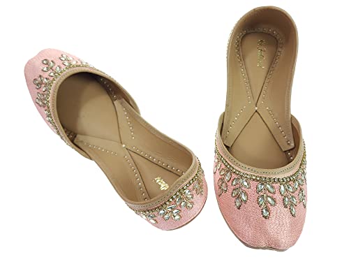 Image of Fulkari Women's Dolli Gold Genuine Soft Leather Embroidered Jutis | Bite and Pinch Free Jutti | Punjabi Formal Juttis | Girl's Wedding Flat Ladies Mojari | Formal Ethnic Juti |