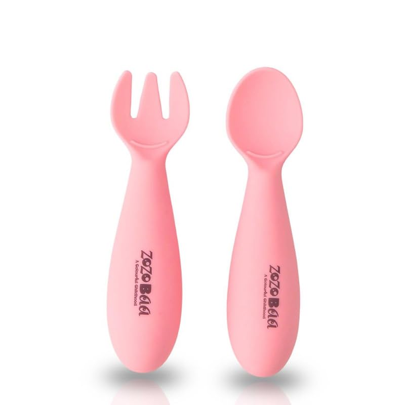 Image of Baby Weaning Spoon & Fork Set, Chewable Silicone Utensils for Training Infants, Baby Led Self Feeding, 6 M+| Gum Friendly, BPA Free, Dishwasher Safe, Unbreakable, 1 Pair, Light Pink
