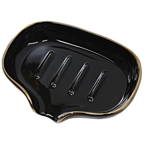Multi-Color Ceramic Soap Dish for Kitchen or Bathroom, Easy to Clean, Self Draining Soap Holder, Keeps Soap Dry(Black with Gold Line) Cover