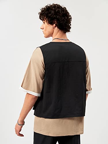 Verdusa Men's Sleeveless Letter Patched Buckle Zipper Flap Pocket Steampunk Cargo Vest Jacket2