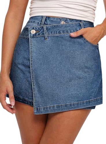 Sidefeel Skorts for Woman Jean Skirt High Waisted Wrap Stretchy Summer Denim Shorts Dark Blue Size 6