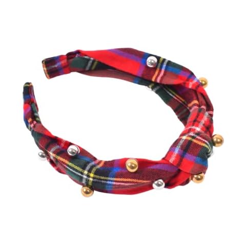 Bellefixe Christmas Knotted Headband for Women & Girls | Red Holiday Tartan Plaid with Metallic Pearls (Cinnamon Spice) Cover