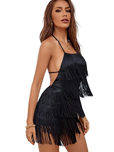 Lyaner Women's Sexy Fringe Halter Waist Tie Back Sleeveless Romper Jumpsuit Playsuits Black Medium #TOP2