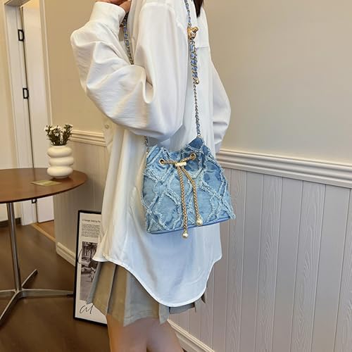 Image of Denim Bucket Bag Quilted Drawstring Jean Purses for Women Denim Clutch Hobo Bags Crossbody Handbag