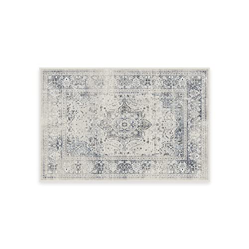 RUGGABLE Washable Vintage Area Rug – Sarrah Blue Quartz 2x3, Stain-Resistant, Non-Slip – Small Machine Washable Rugs for Living Room, Bedroom, Hallway, Entryway & Bathroom–with Cushioned Pad