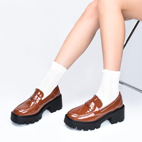 Image of Black Penny Loafers for Women - Women's Slip-On Platform Patent Leather Loafers, Chunky Comfort Shoes for Work & Dressy Occasions