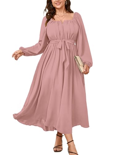 SCOMCHIC Women Plus Size Maxi Dress Long Sleeve Square Neck Wedding Guest Cocktail Belted Elegant Flowy A Line Long Dresses Pink