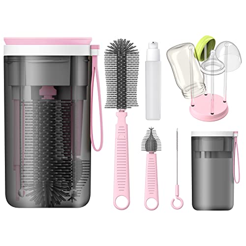 Image of winforhour Baby Bottle Brush Cleaner Kit, Pink, 6-in-1, Liquid Silicone Bristles, Dishwasher Safe, Suitable for Boiling